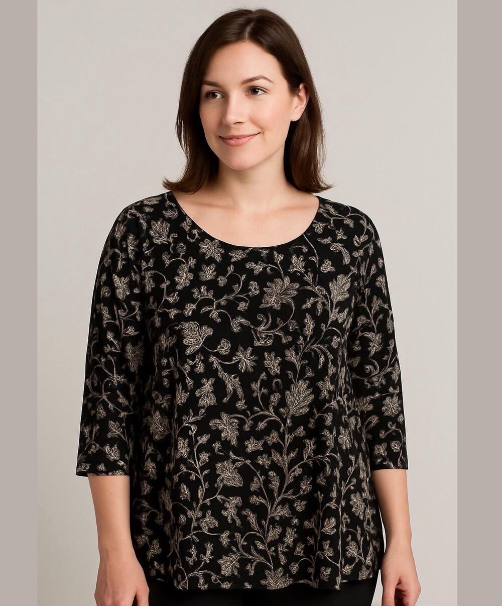 J. Jill Wearever Collection Black Floral Paisley 3/4 Sleeve Medium Petite Shirt